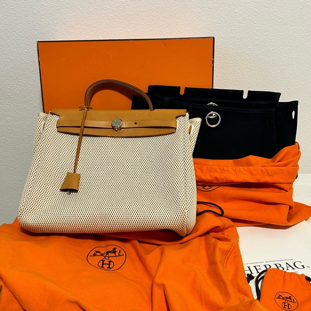 HERMES HERBAG 30 PM Handbag TOILEGM Leather Ivory Light Brown with Black Pouch